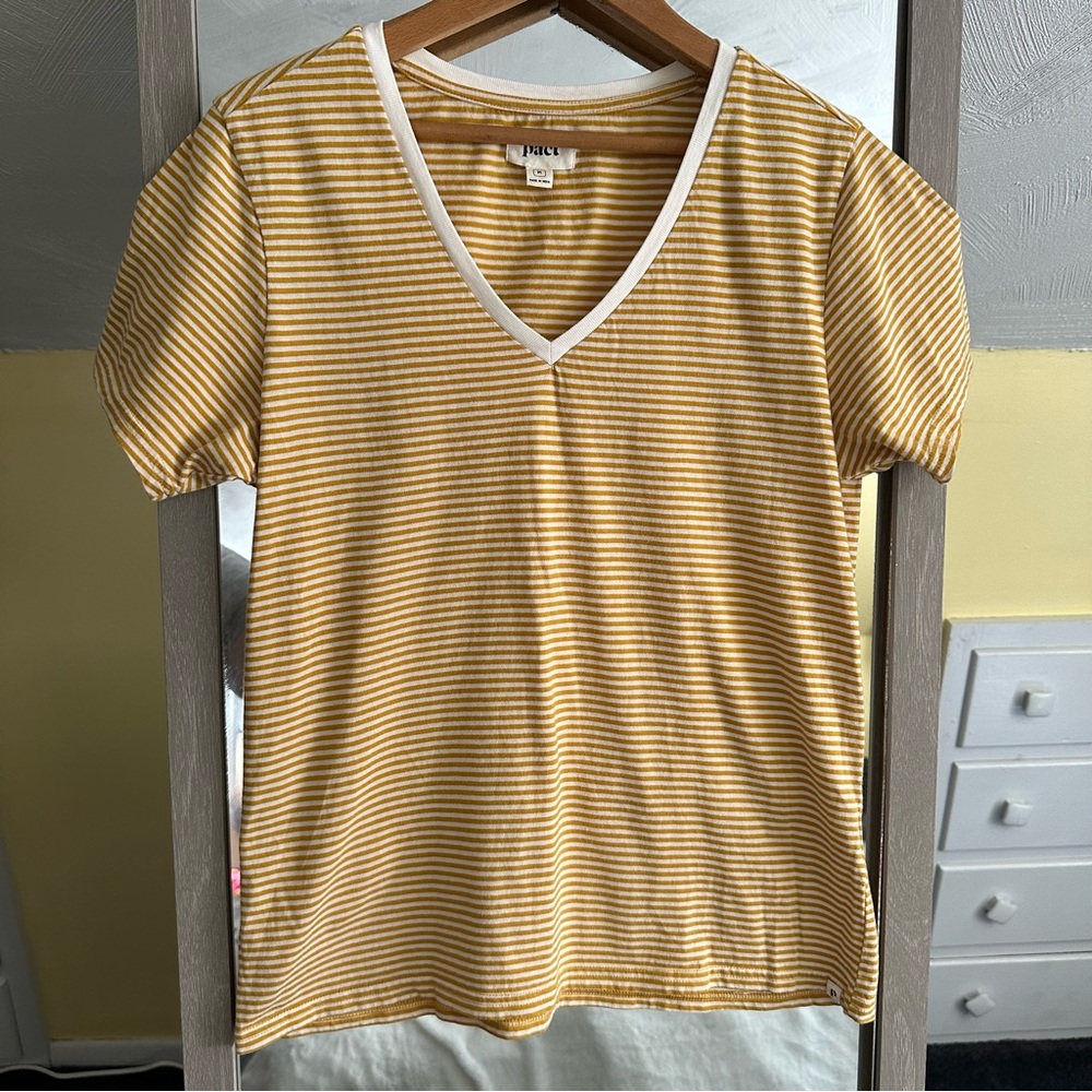 Pact Yellow Striped Women's V-neck Tee